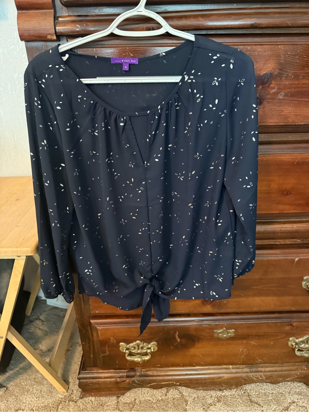West Kei Navy Tie-Front Printed Blouse